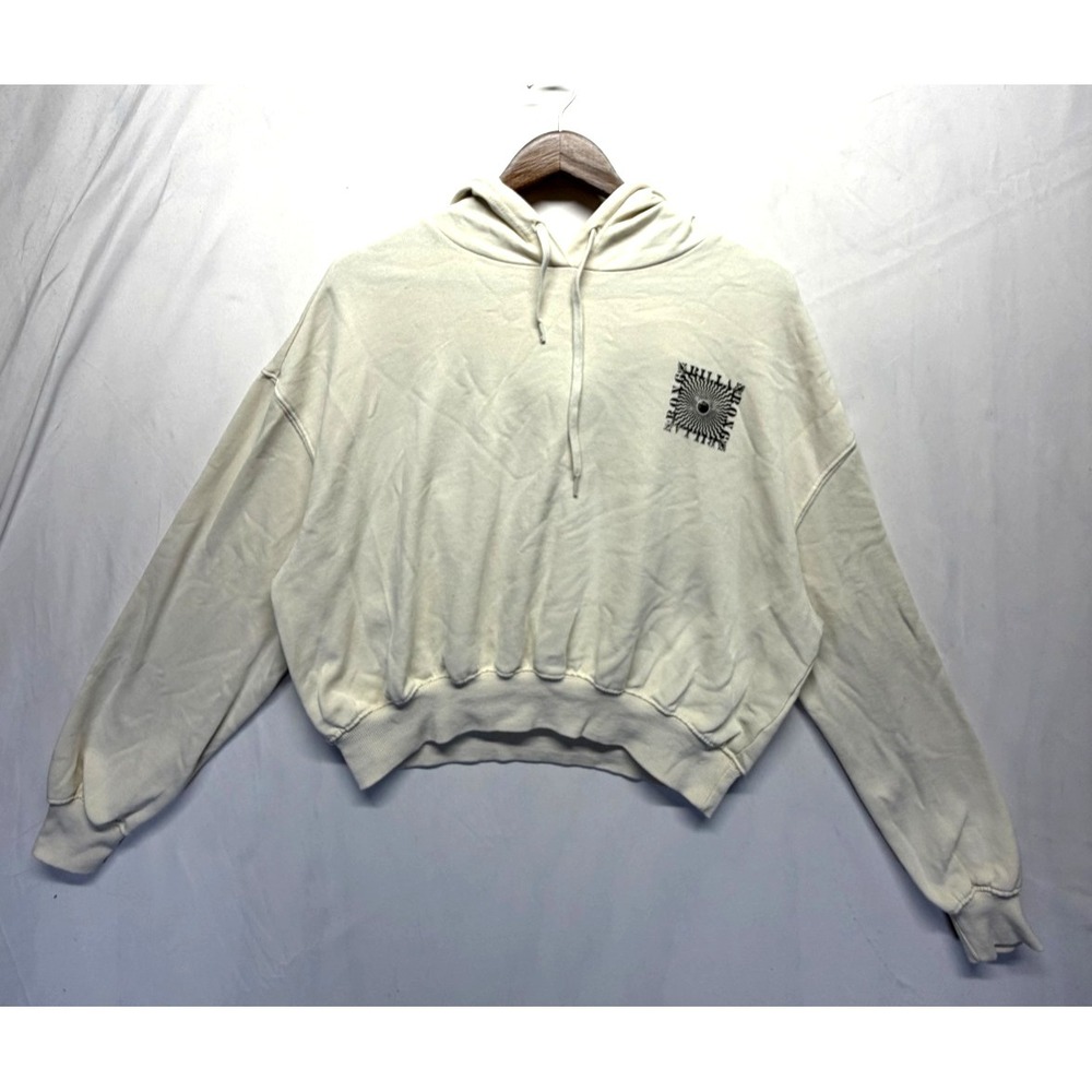 Billabong Crop Hoodie Womens Large Cream Graphic Logo Cotton‎ Ribbed Cuffed Trim